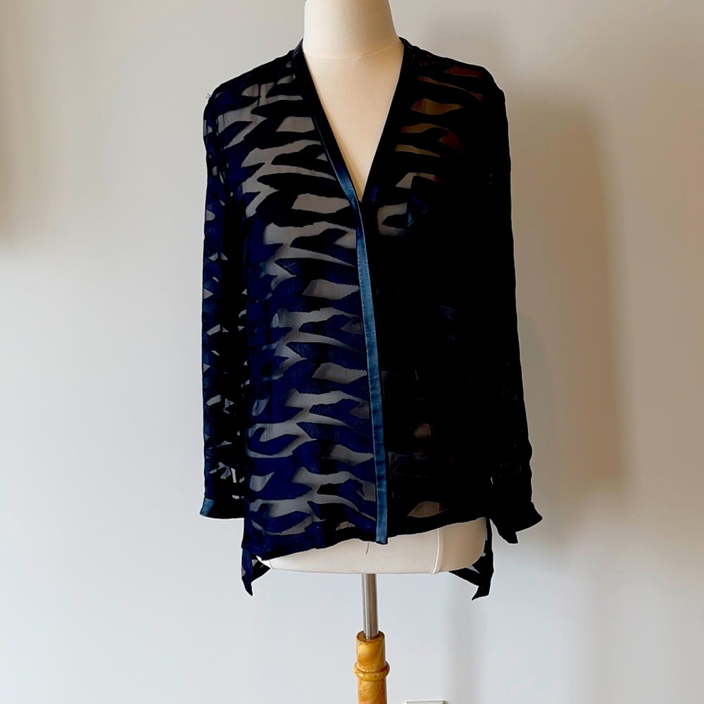 Helmut Lang black sheer shirt with leather trim